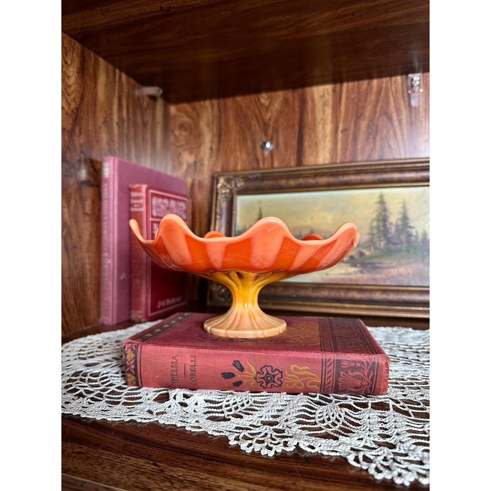 Vintage LE Smith Bittersweet Orange Slag Glass Pedestal Compote Petal Bowl
